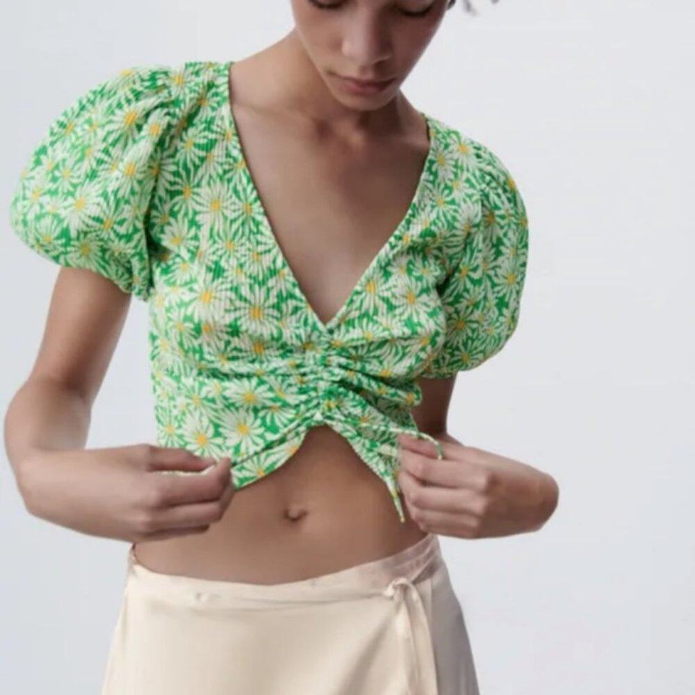 Zara Green Floral Puff-Sleeve Ruched Top
